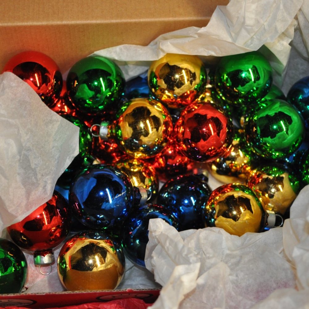 34 vintage glass ball ornaments green gold blue red about 2" each (54)